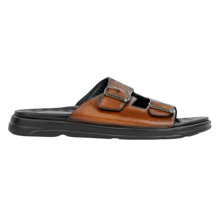 Path: Sandales Homme - Cuir Cognac Gravé