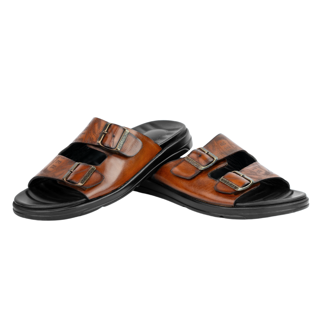 Path: Sandales Homme - Cuir Cognac Gravé