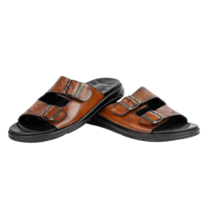 Path: Sandales Homme - Cuir Cognac Gravé