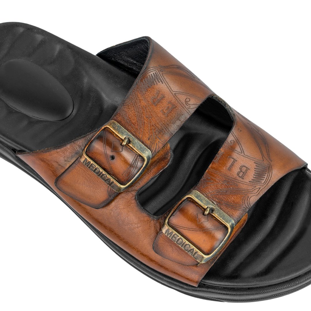 Path: Sandales Homme - Cuir Cognac Gravé