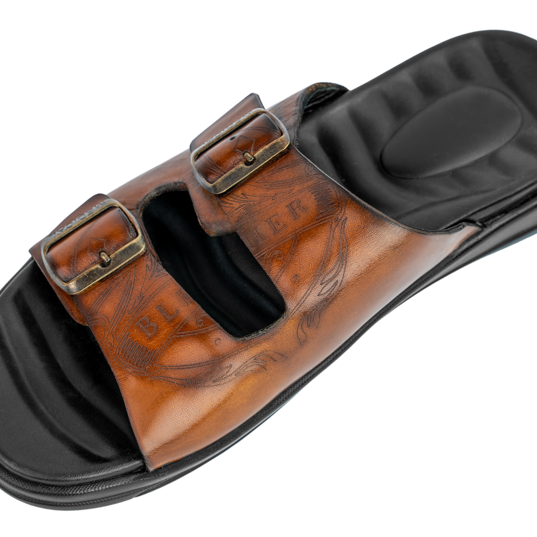 Path: Sandales Homme - Cuir Cognac Gravé