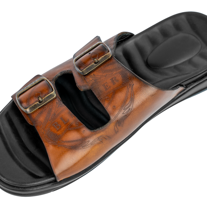 Path: Sandales Homme - Cuir Cognac Gravé