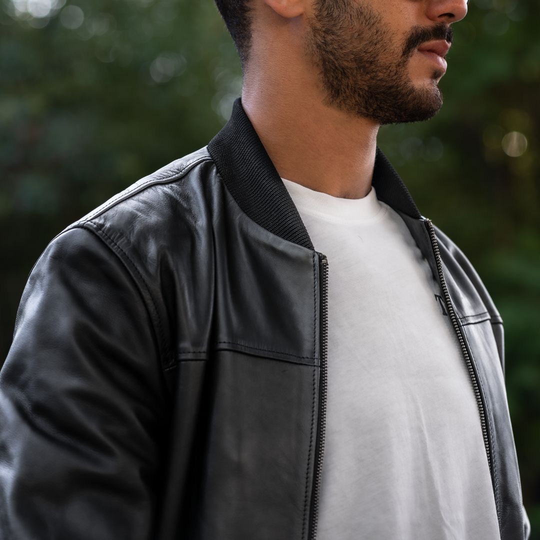 Bomber: Jacket Hommes - Cuir Noir - Bleather Maroc