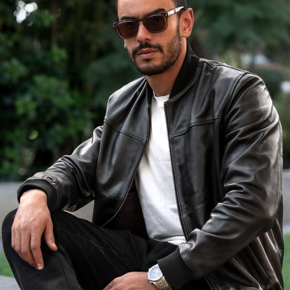 Bomber: Jacket Hommes - Cuir Noir - Bleather Maroc